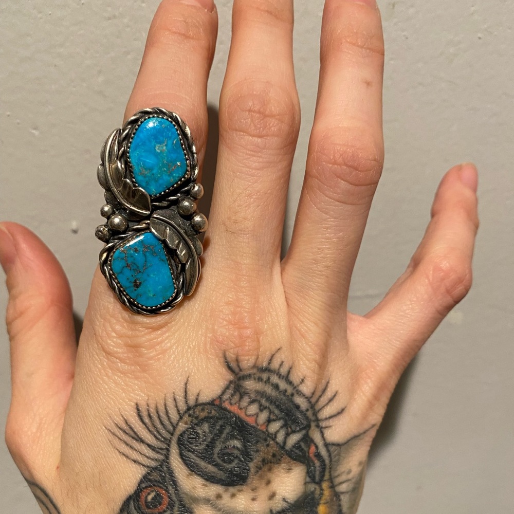 Southwestern double turquoise sterling silver ring size 6.5